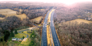 Skyline view of busy roadway in the fall